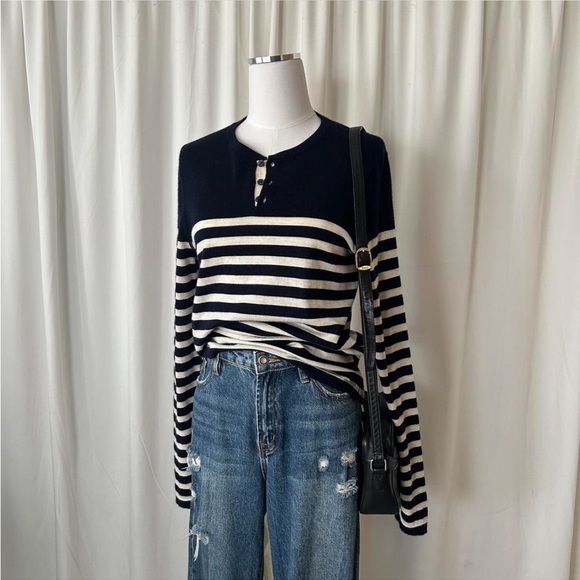 VINCE. Henley navy and cream striped sweater in a cashmere and wool blend. - Picture 3 of 8